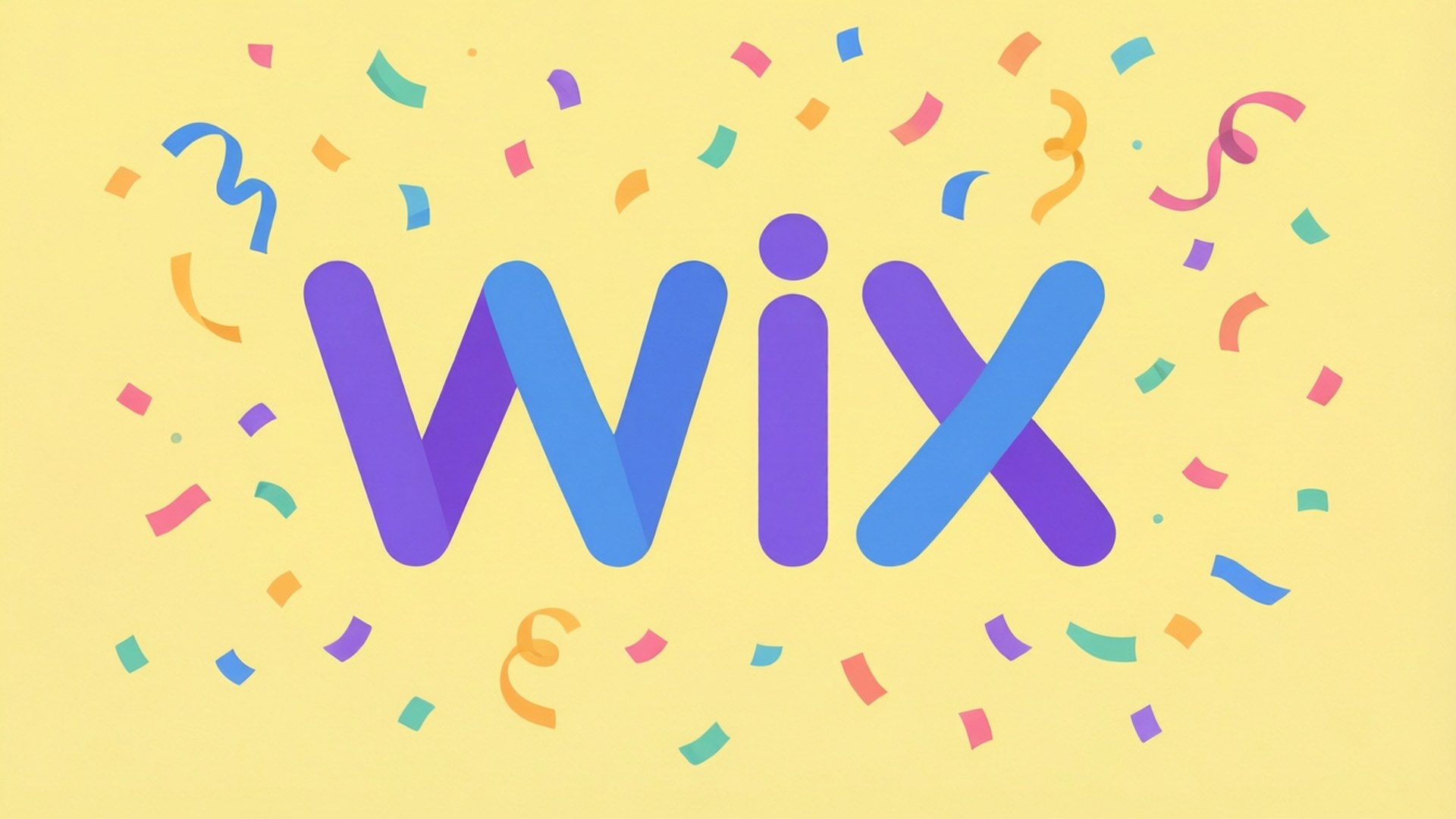 黃色背景上帶有色彩繽紛紙屑的 Wix 標誌