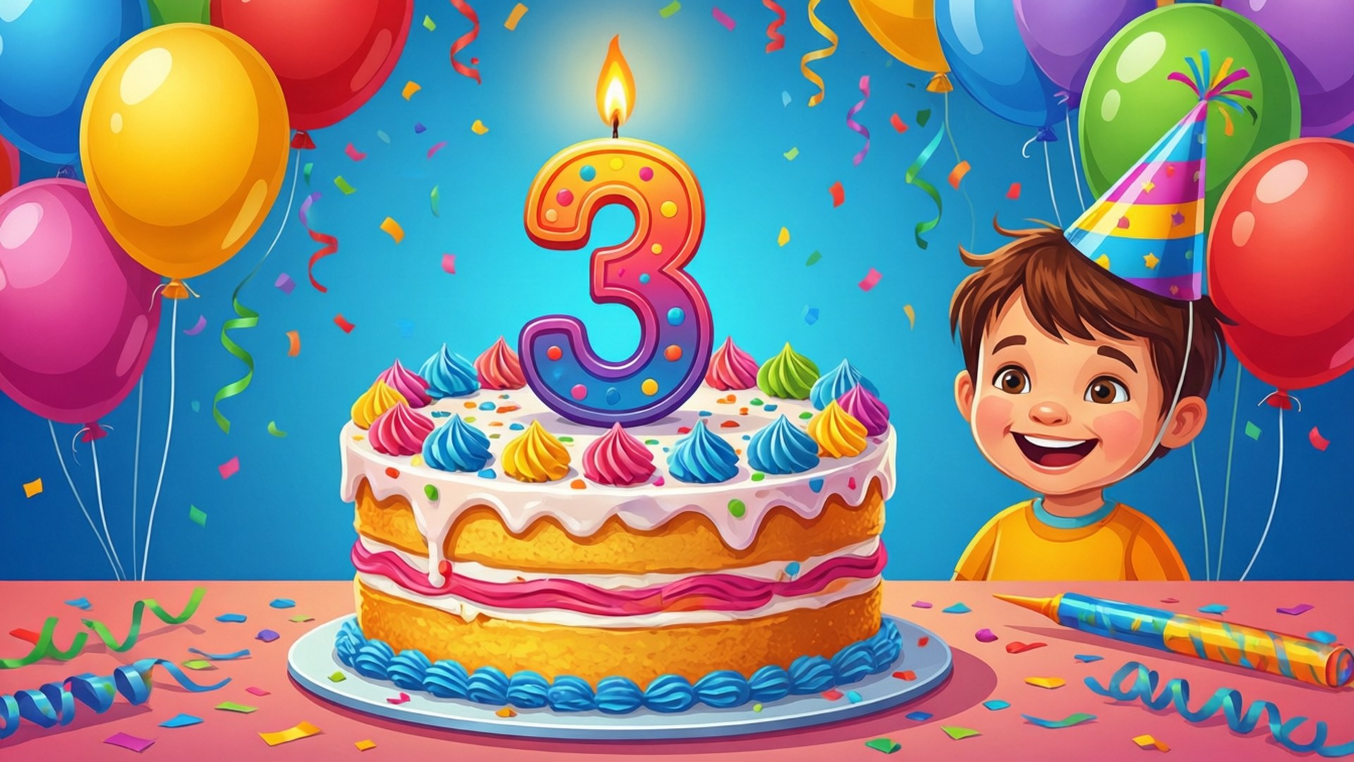 歡樂三歲生日蛋糕 壁紙 — 一個戴著派對帽的快樂小孩，在一個色彩繽紛的生日蛋糕旁微笑，蛋糕上插著發光的數字三蠟燭，周圍環繞著氣球和五彩紙屑。