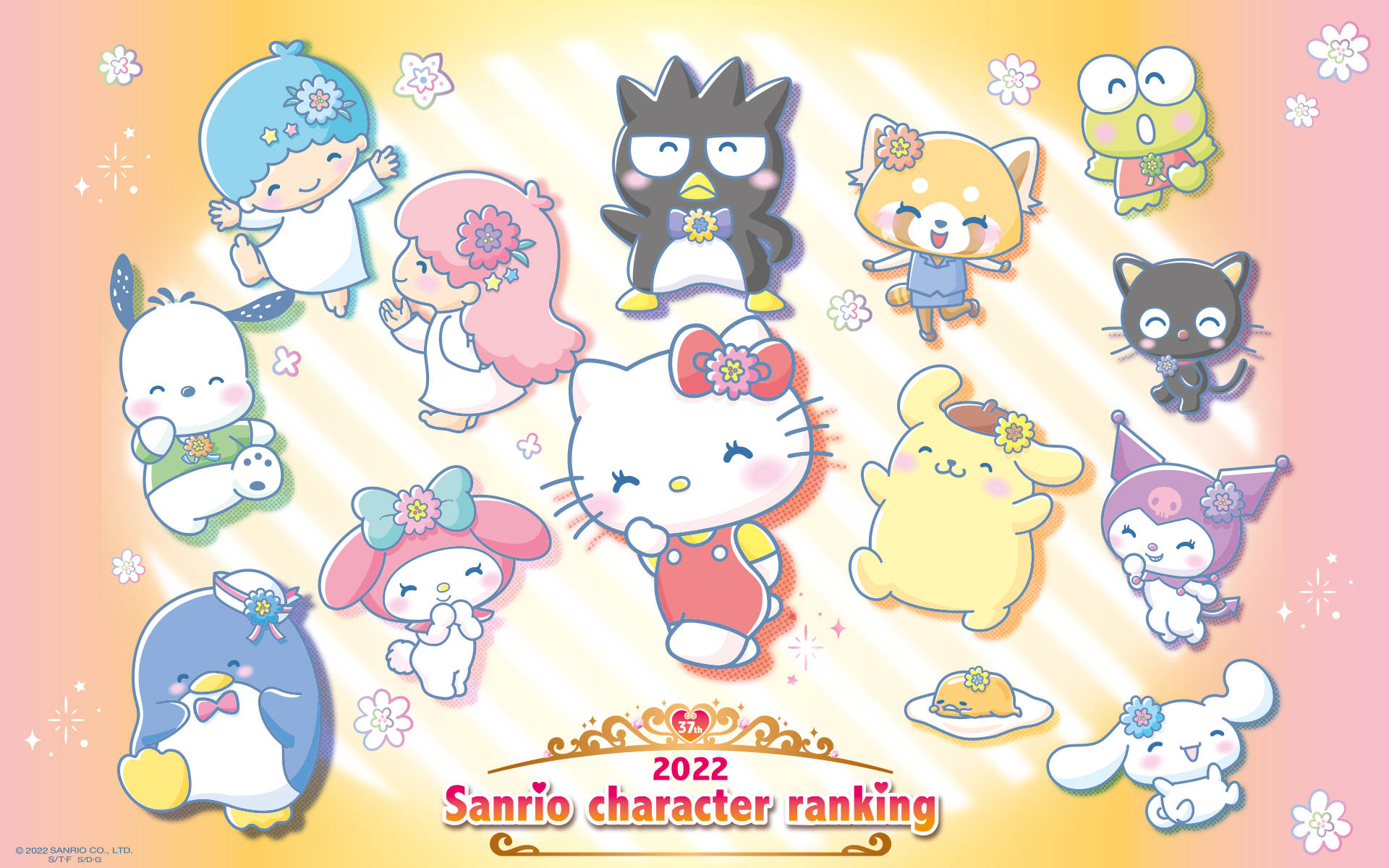 Sanrio角色穿著柔和色調服裝，與花朵和閃光一起漂浮。