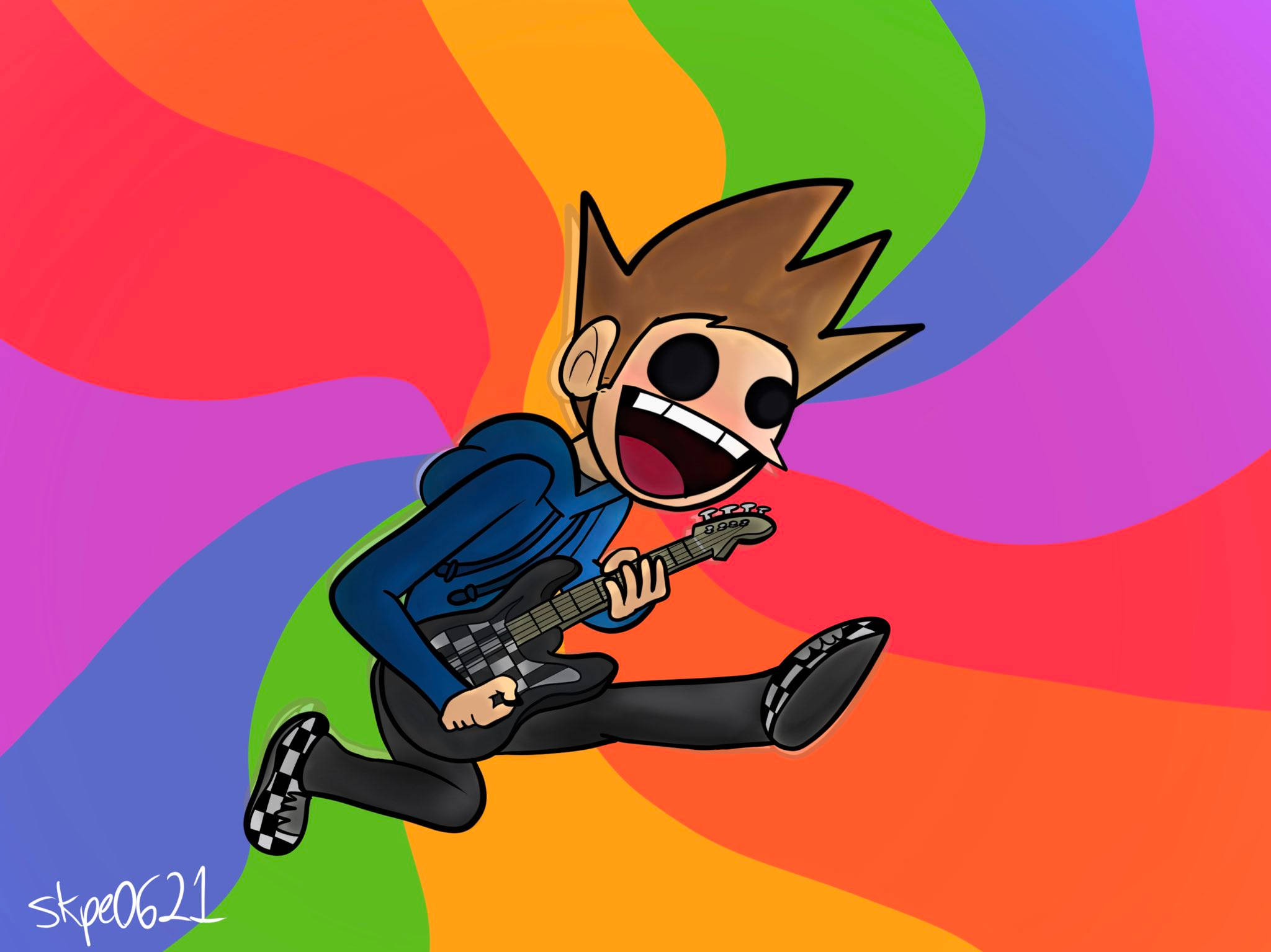 歡樂冒險——Eddsworld動畫角色 壁紙 — 一個頭髮豎起的卡通男孩在旋轉的彩虹背景前快樂地彈奏黑色電結他。