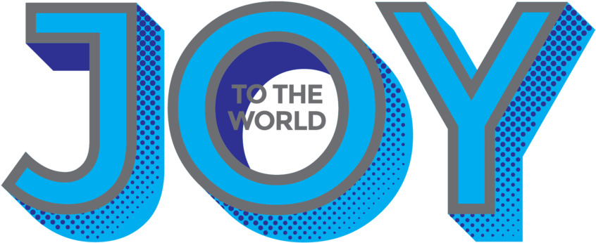 歡樂到世界字體設計 壁紙 — 粗體藍色半色調字母拼出JOY，O內有TO THE WORLD，背景為黑色。