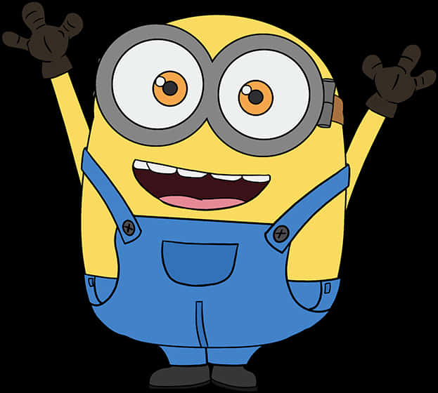 歡樂小黃人慶祝圖 壁紙 — 一個快樂的黃色Minion，戴著超大護目鏡和藍色工裝褲，在黑色背景前揮舞雙手。