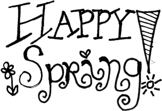 歡樂春季塗鴉 壁紙 — 黑色背景上手繪的流暢字體「Happy Spring」文字，配以裝飾花朵和橫幅。