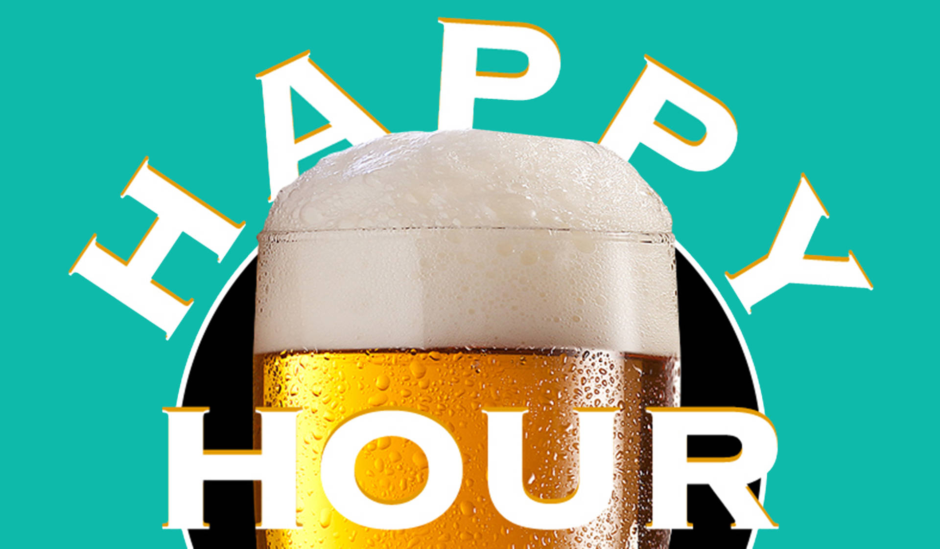 一個冰凍的啤酒杯，帶有泡沫和冷凝水珠，下方有「HAPPY HOUR」文字。