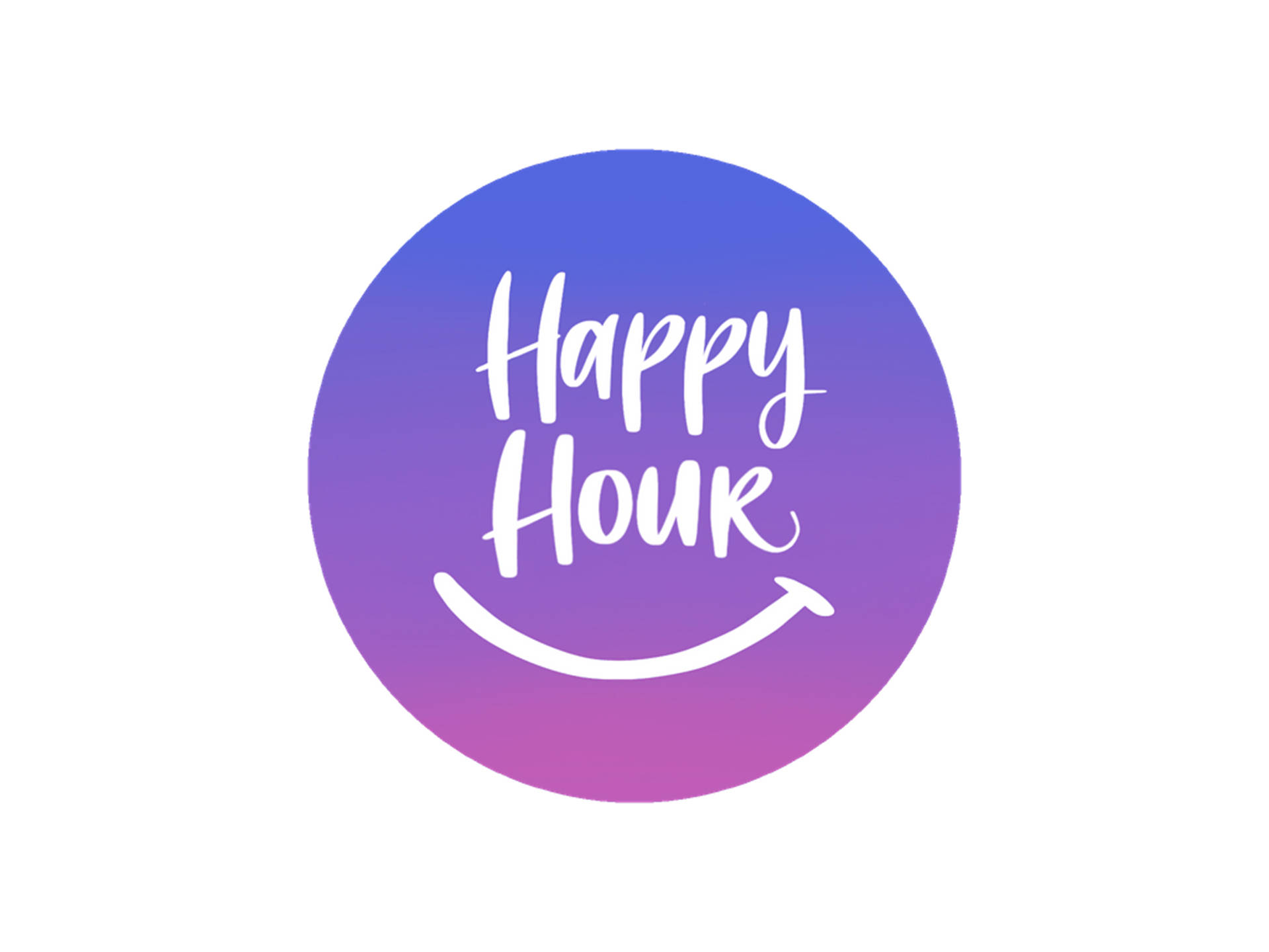 紫色漸變圓圈上帶有微笑箭頭的Happy Hour標誌。