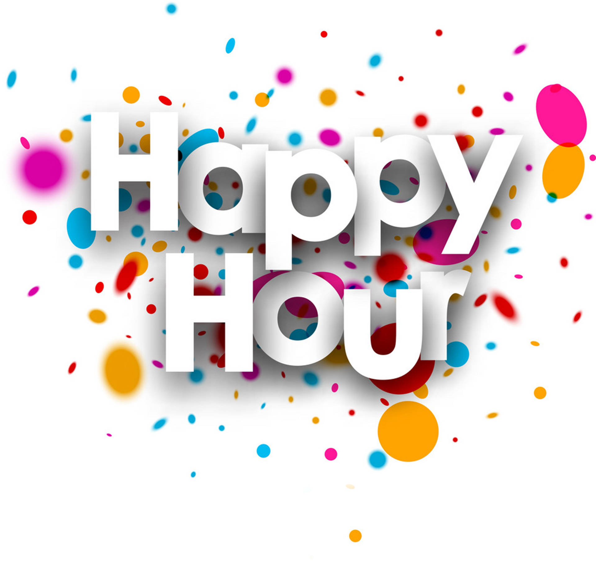 Happy Hour 文字周圍飄落著色彩繽紛的紙屑。