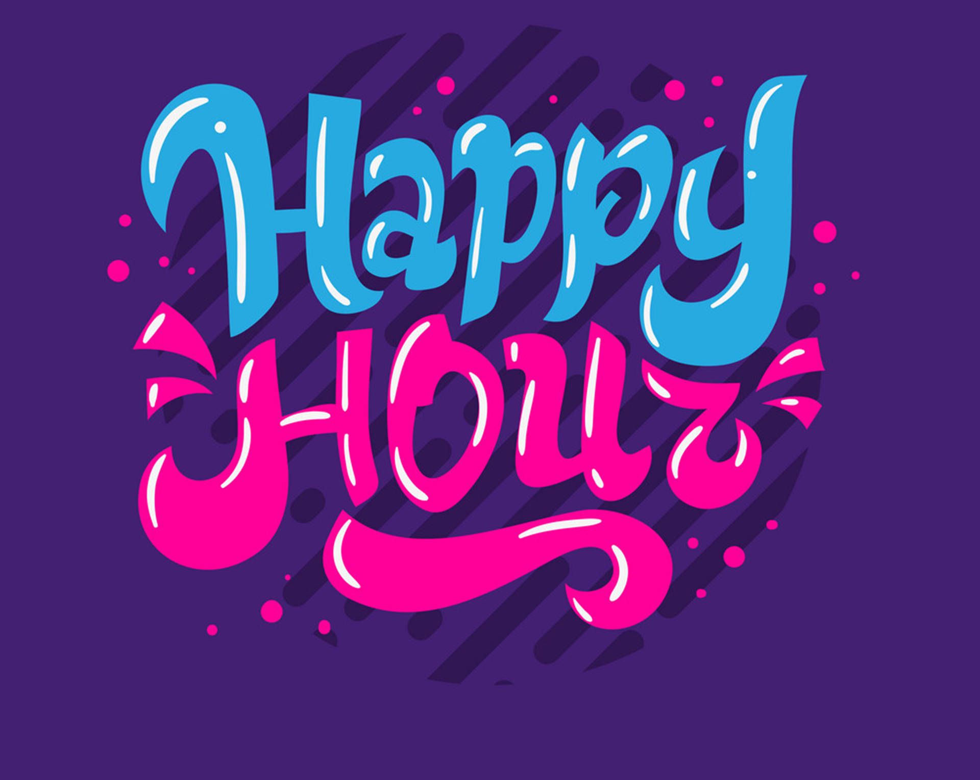 紫色背景上，粗體藍色和粉紅色的「Happy Hour」文字，帶有節日水滴。