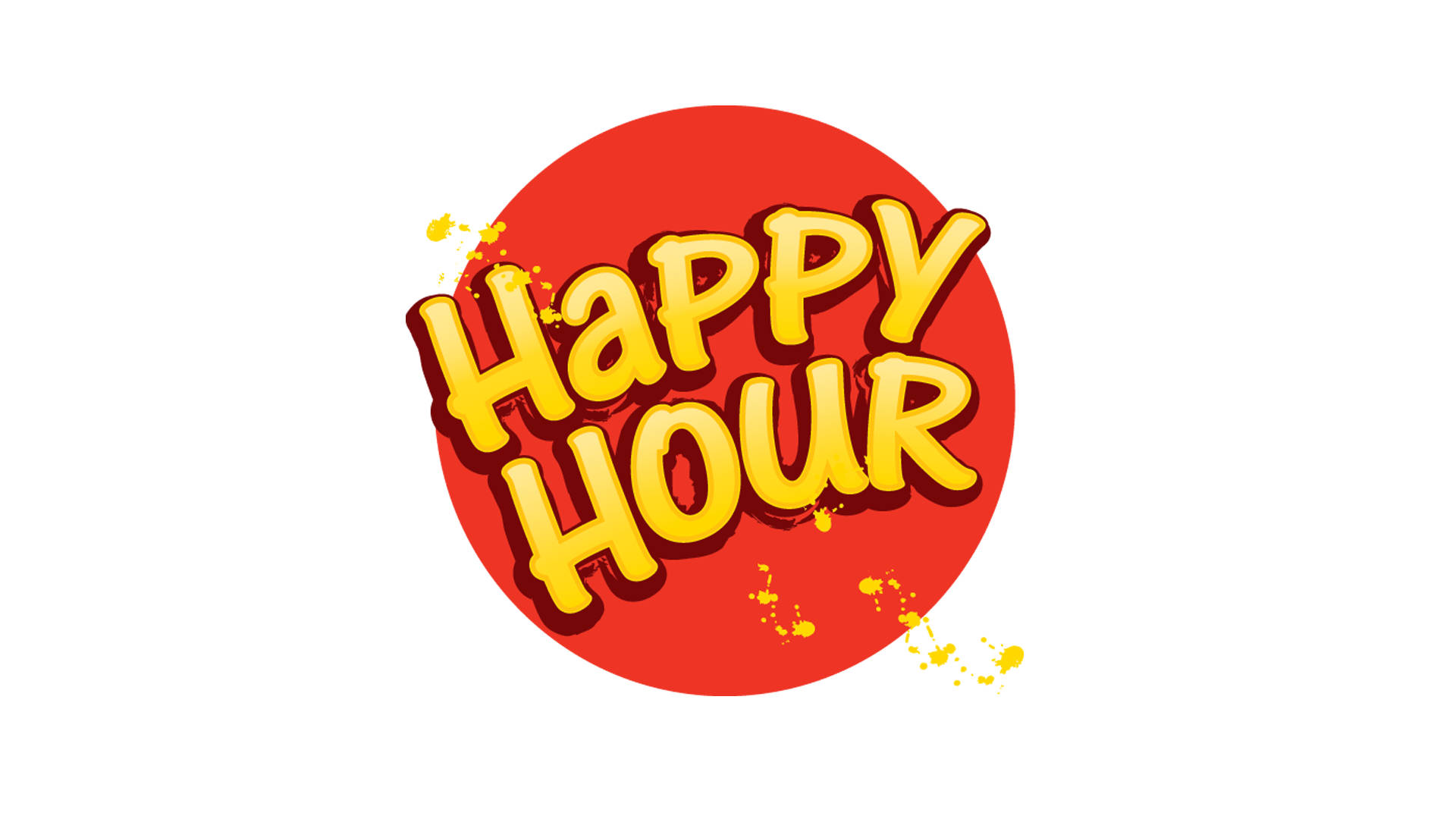 Happy Hour 標誌，帶有粗體黃色文字和紅色圓形上的潑濺效果。