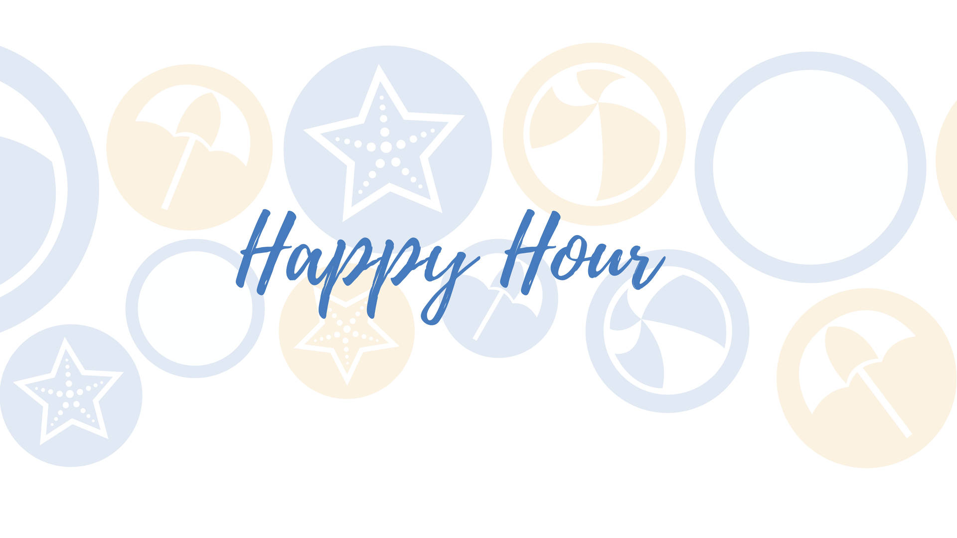 粉彩圓圈內有沙灘圖案嘅Happy Hour文字
