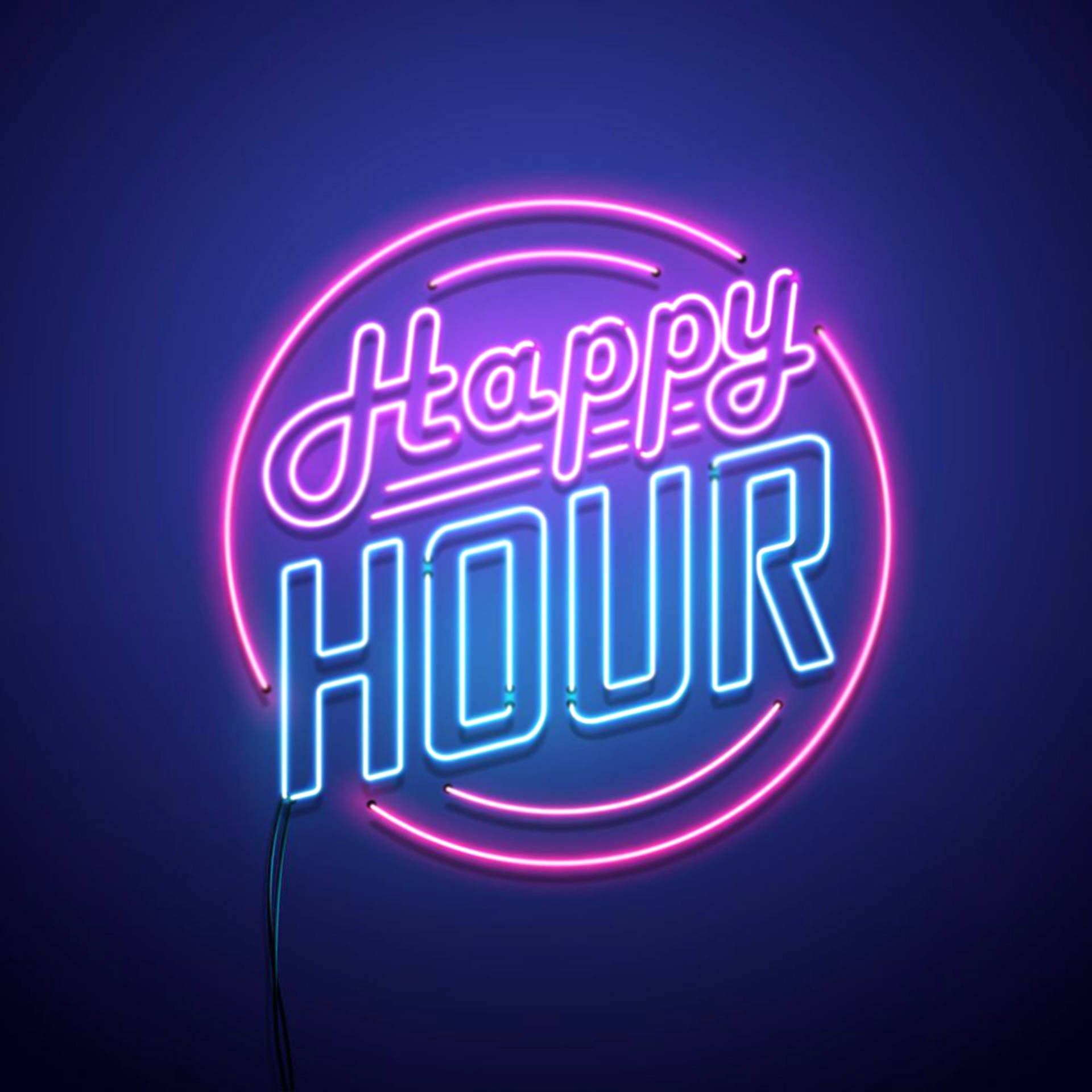 霓虹燈牌在深色牆上以粉紅色和藍色寫着 Happy Hour。