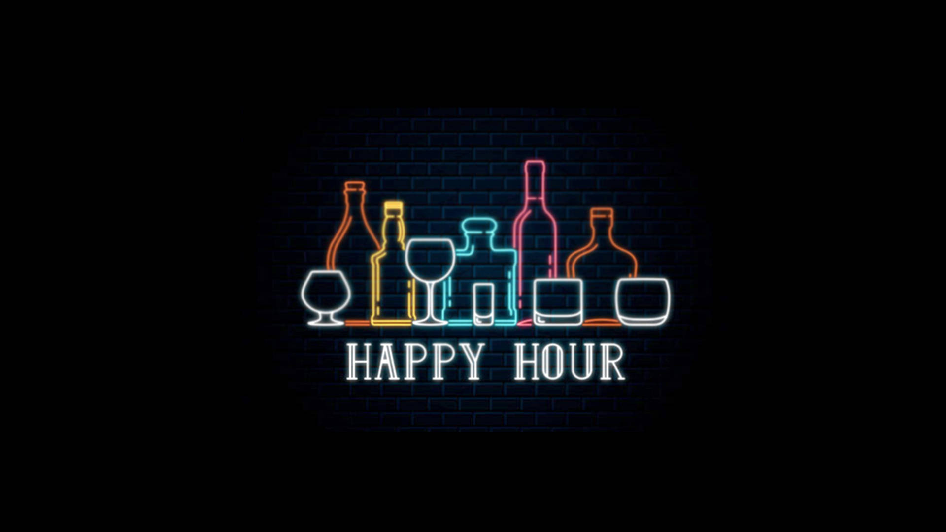 霓虹招牌顯示酒瓶和玻璃杯，並在磚牆上帶有 happy hour 文字。