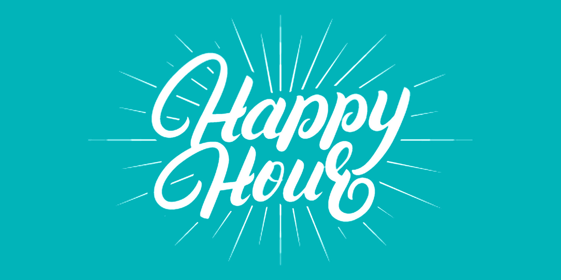 喺青色背景上帶有太陽光線嘅Happy Hour文字