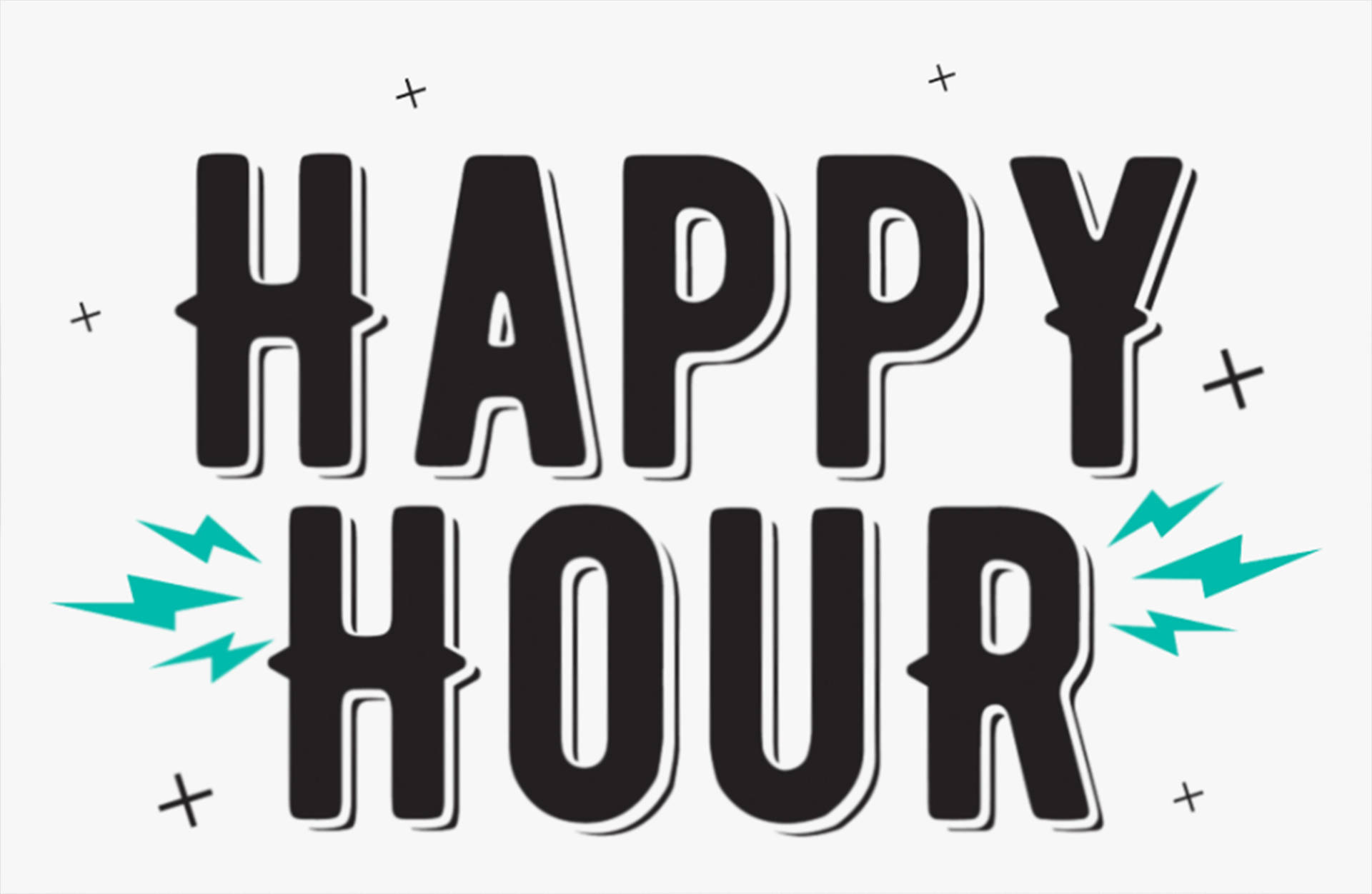 淺灰色背景上帶有青綠色閃電和加號的Happy Hour文字。