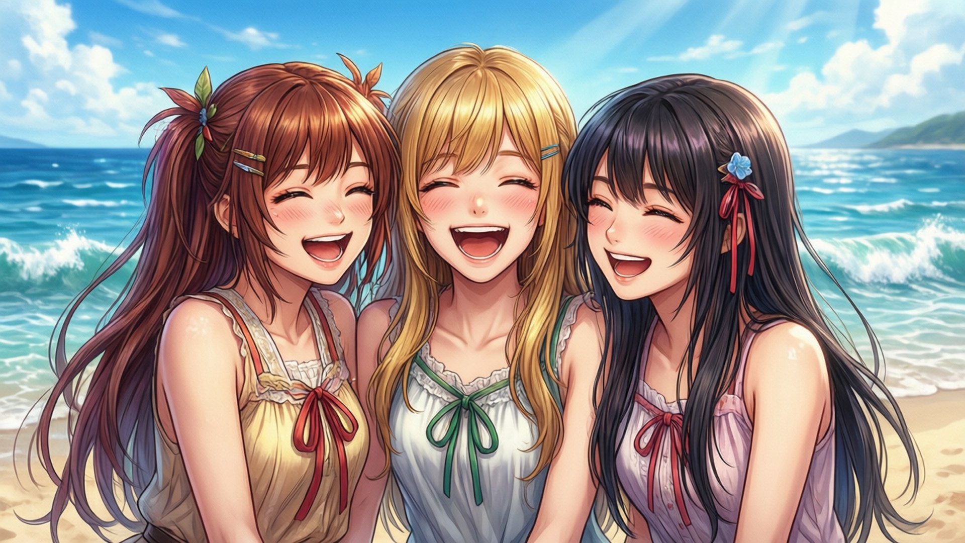 三個動漫女孩在陽光明媚的海灘上開心地笑著，身後有海浪