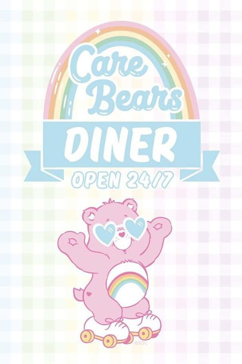 粉紅色Care Bear喺彩虹餐廳招牌下踩滾軸溜冰。