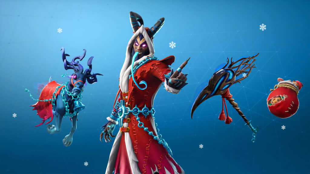 Fortnite節日角色，在藍色背景上手持武器和雪花