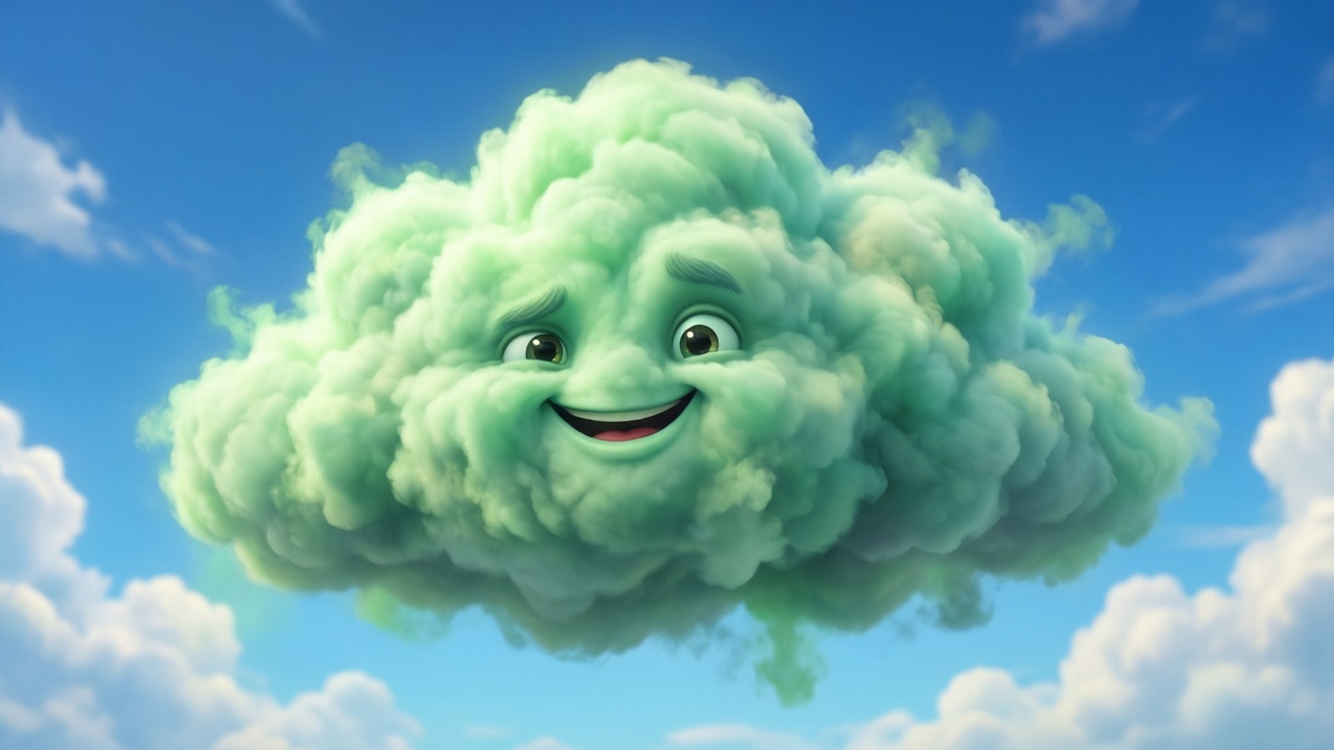 歡樂的屁屁雲 壁紙 — 一朵開心嘅薄荷綠色卡通雲，帶住寬闊嘅笑容同有表情嘅眼睛，喺明亮嘅藍色天空中漂浮。