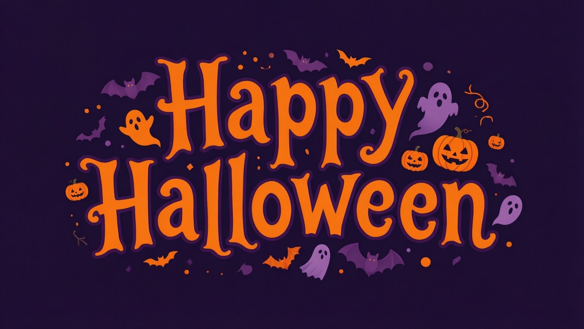 Happy Halloween 文字搭配恐怖裝飾，深紫色背景