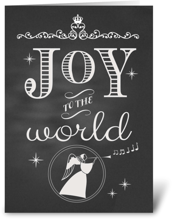 「歡樂降臨」黑板藝術 壁紙 — 白色節日字體在深色黑板上寫著 joy to the world，配有天使和星星。
