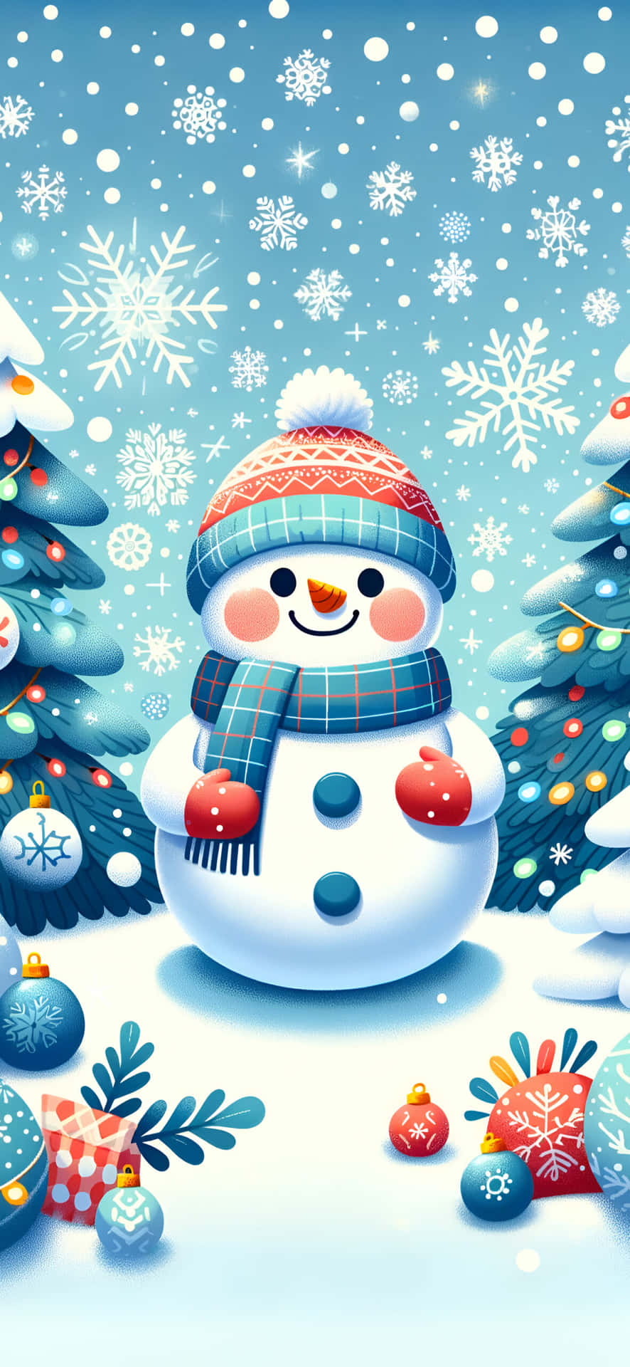 歡樂雪人冬季仙境 壁紙 — 一個戴著格仔帽和圍巾的快樂雪人，站在裝飾樹木和飄落雪花的雪白冬日場景中。