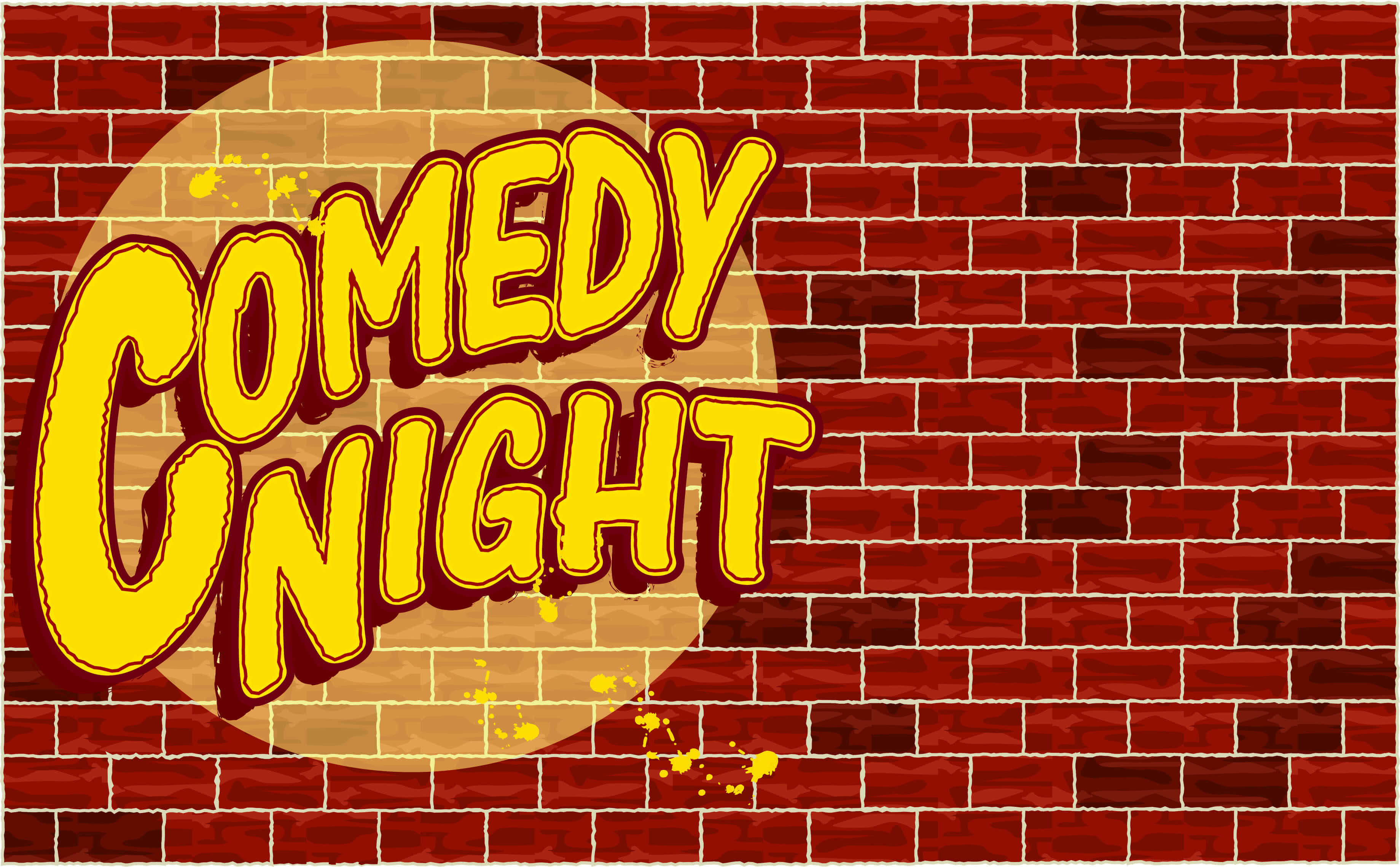 歡笑開場！ 壁紙 — 粗體黃色 'Comedy Night' 文字在紅磚牆上飛濺，帶有圓形聚光燈效果。