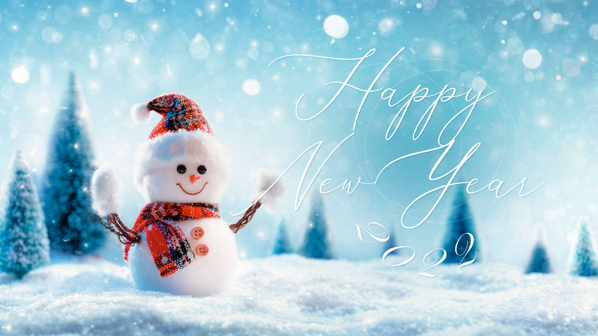 雪人站在雪森林中，帶有'Happy New Year 2022'文字