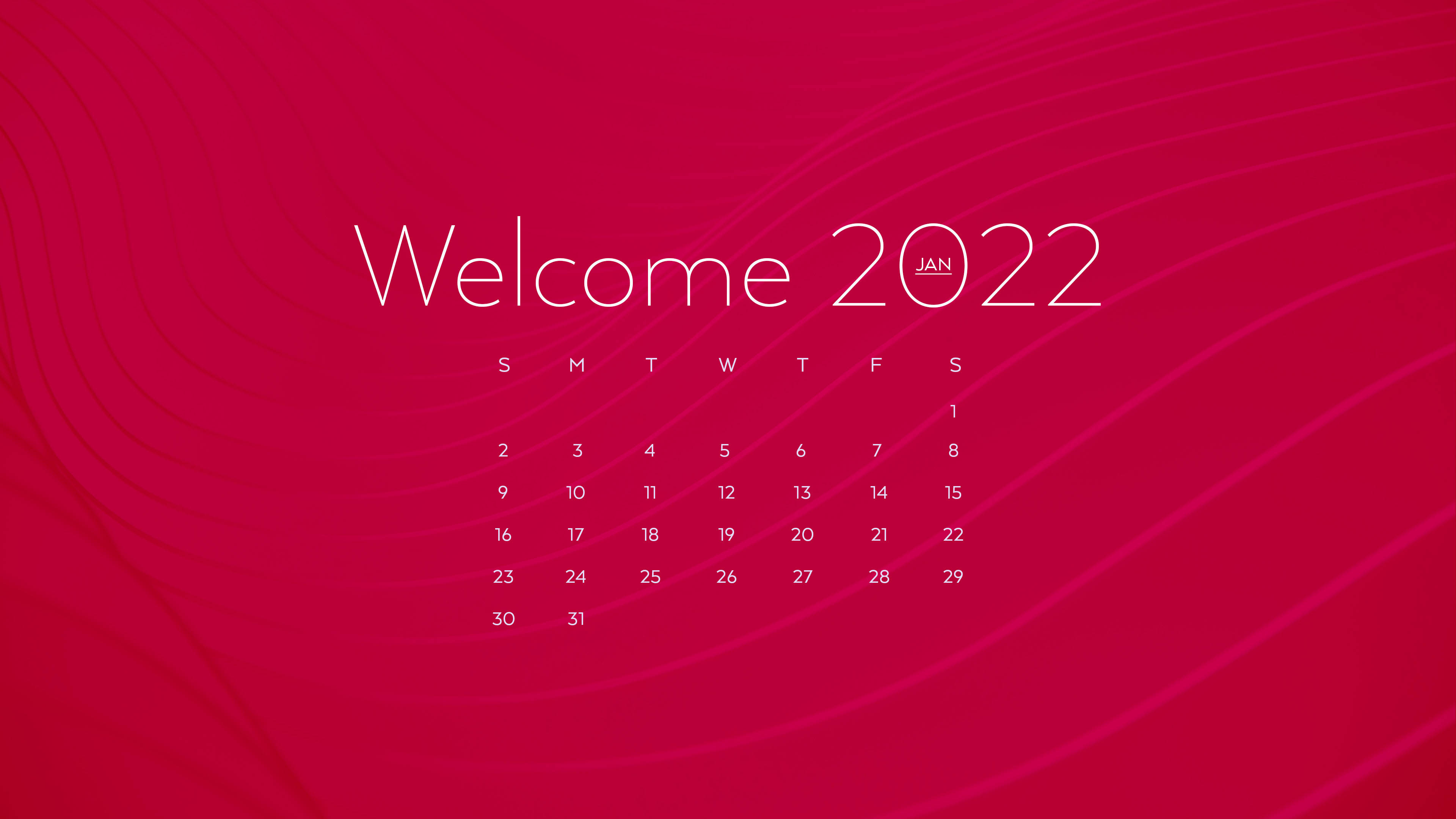 歡迎2022紅色日曆 壁紙 — 充滿活力的紅色牆紙，帶有流暢曲線，以清晰的白色文字展示簡約日曆，迎接2022年。