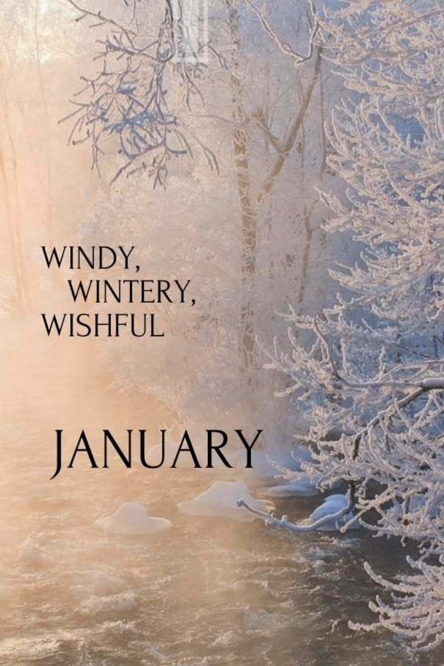 結霜的冬日河流場景，有光禿禿的樹木和文字 windy wintery wishful January。