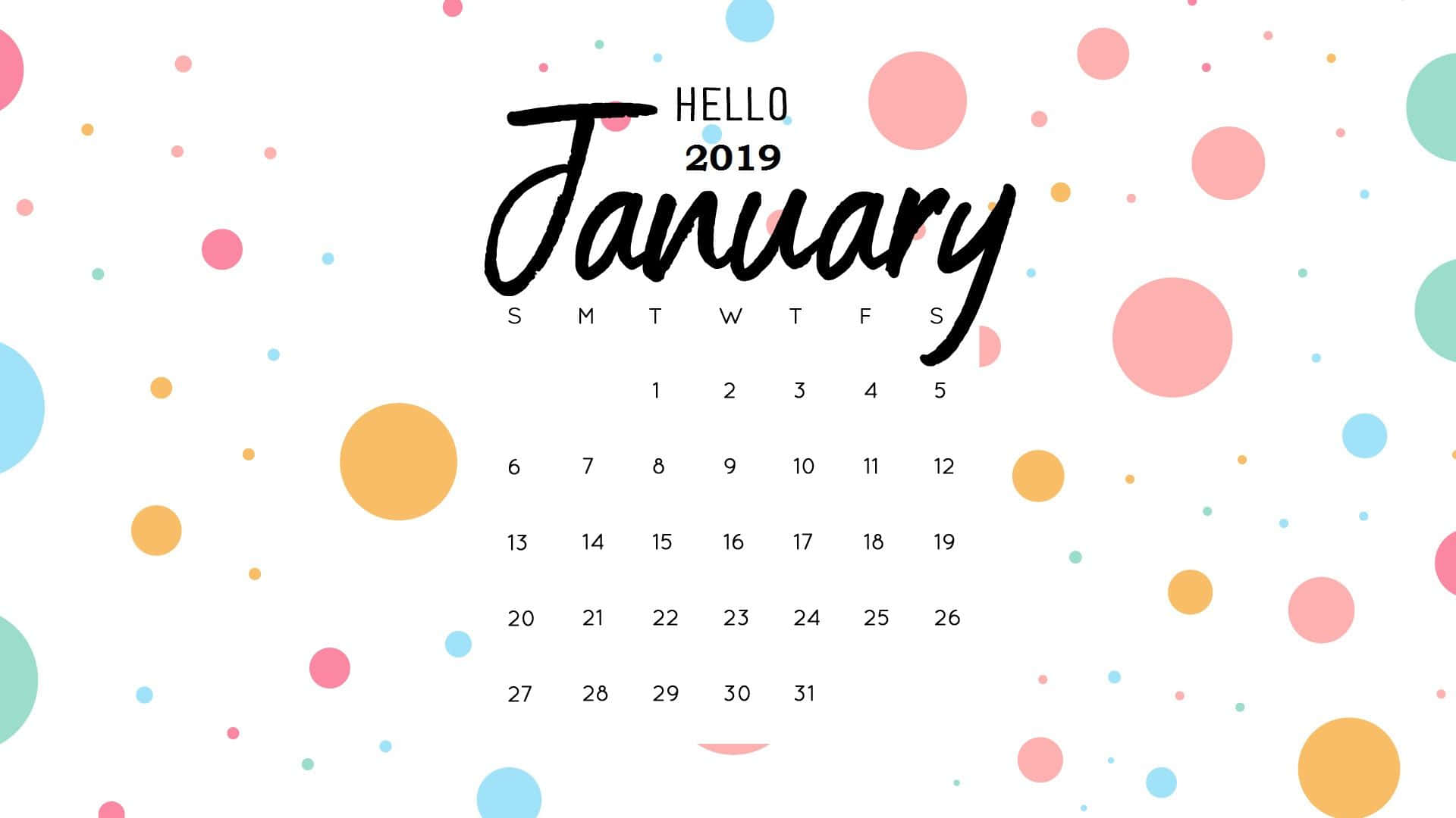 2019年1月日曆，帶有彩色圓點和斜體文字。