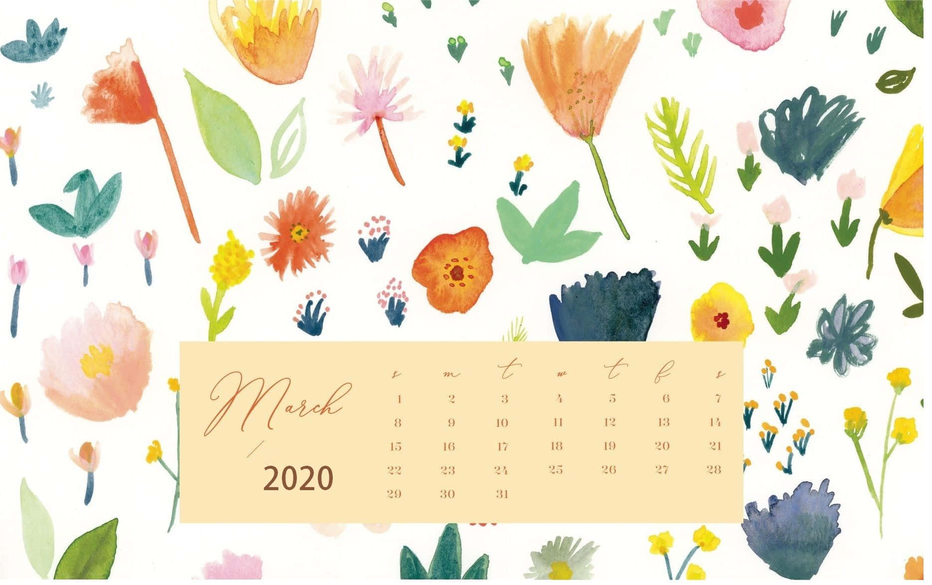 2020年3月月曆，周圍環繞著水彩花卉和葉子。