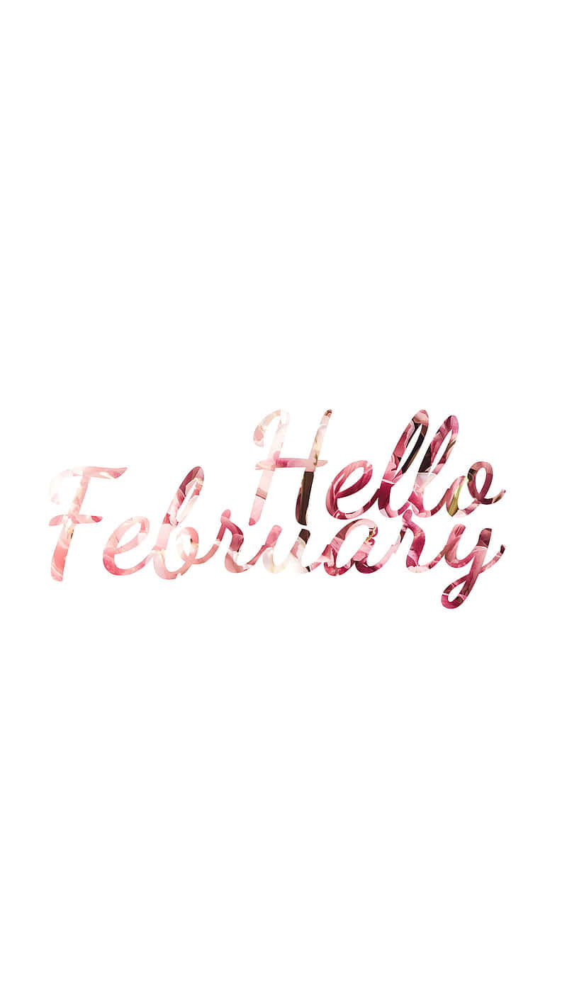 「歡迎二月！愛與歡慶的月份。」 壁紙 — 「Hello February」字樣在純白背景上以玫瑰金水彩閃爍。