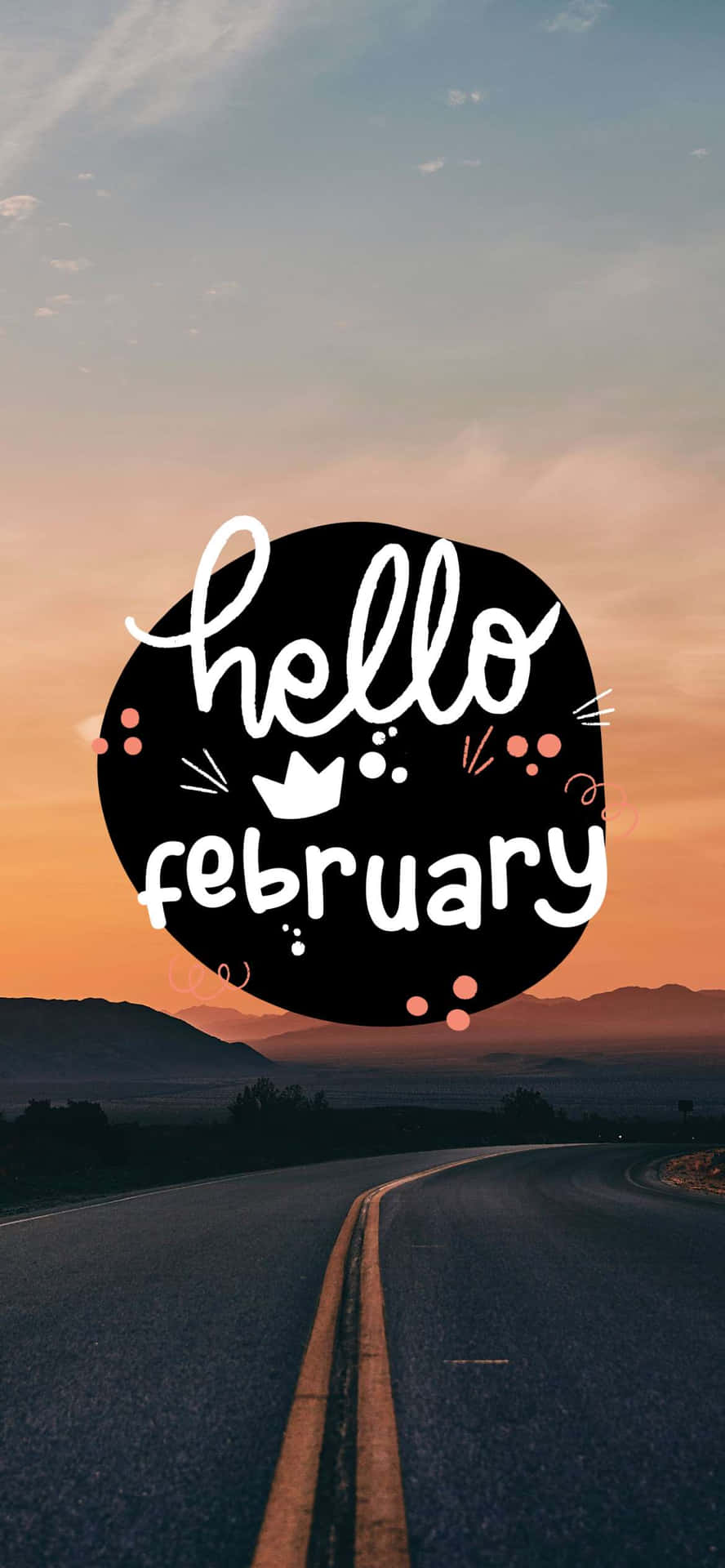 日落時分蜿蜒的山路，帶有 'hello february' 圖形。