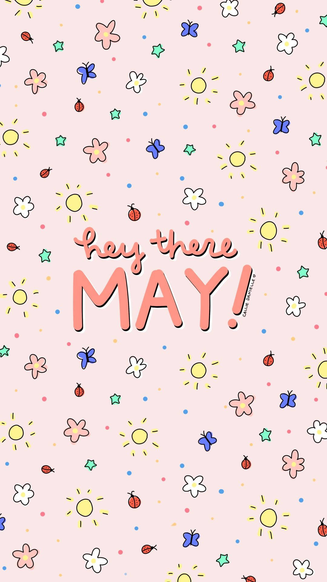 粉紅色背景，有太陽、花朵、蝴蝶、瓢蟲和文字 hey there MAY!