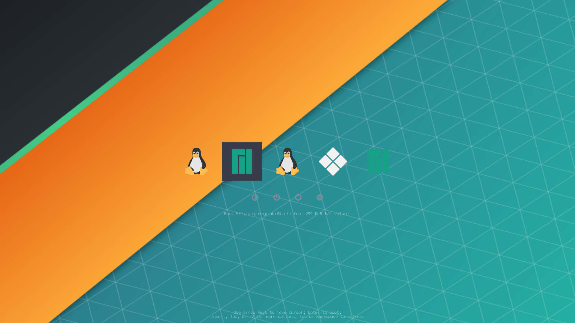 數碼壁紙，在橙色和青綠色的對角分割背景上帶有Linux企鵝圖標。