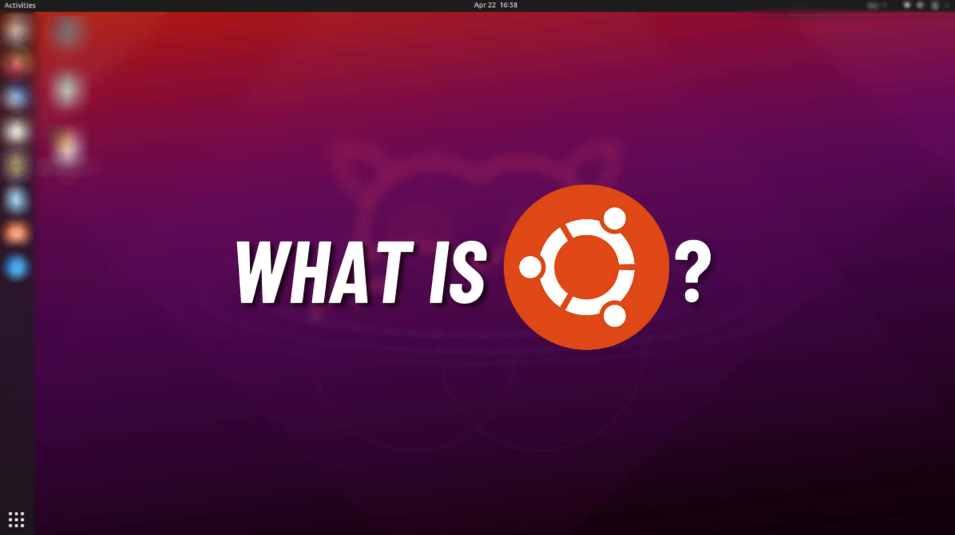Ubuntu標誌及文字問這是什麼，置於紫色漸變桌面背景上