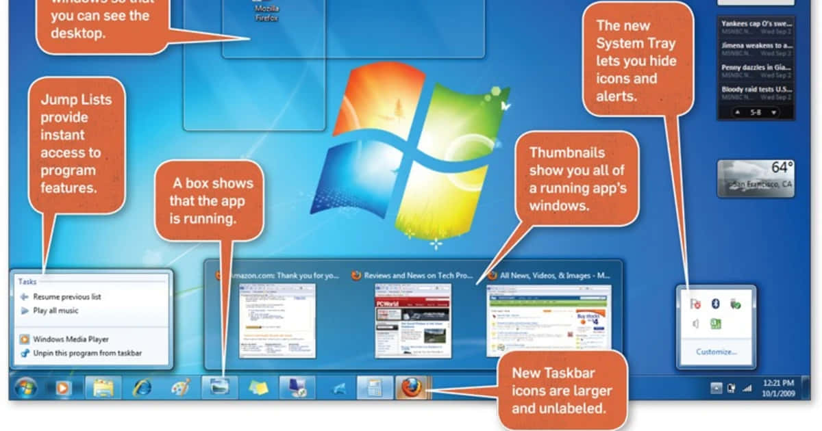 Windows Vista 桌面教程，突出顯示新系統功能和任務欄更改。