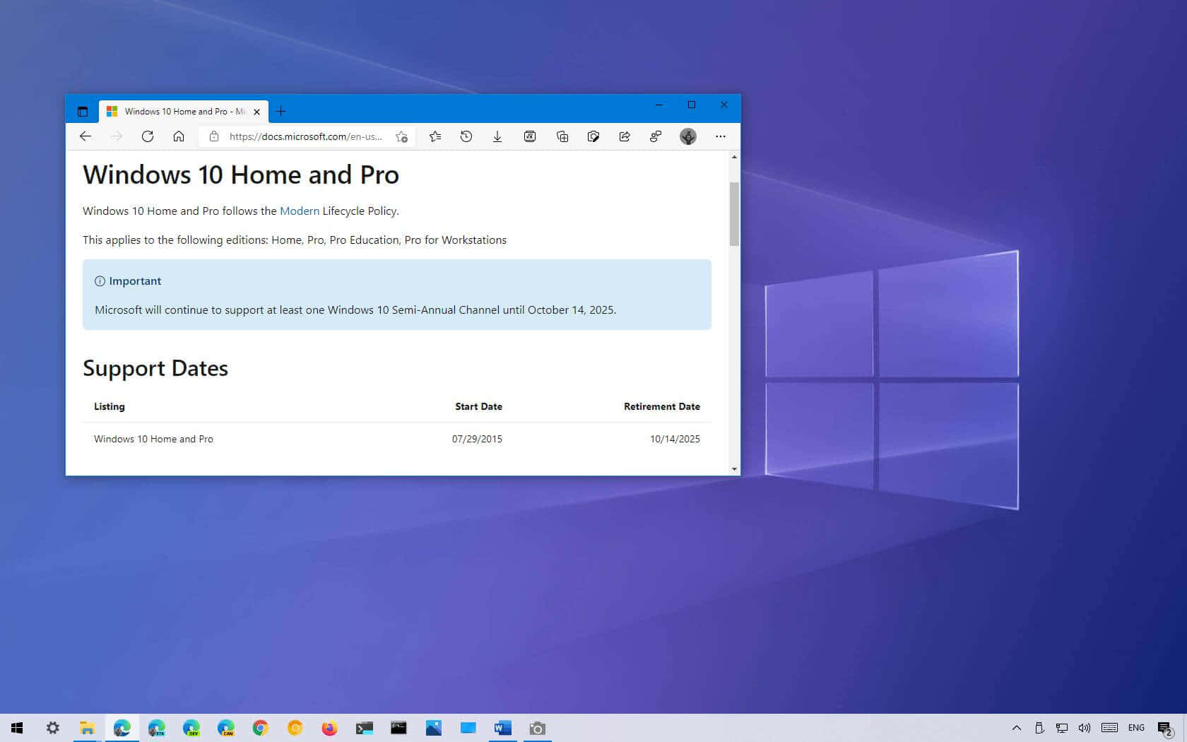 Windows 10 桌面顯示瀏覽器，在紫色背景上顯示支援資訊。