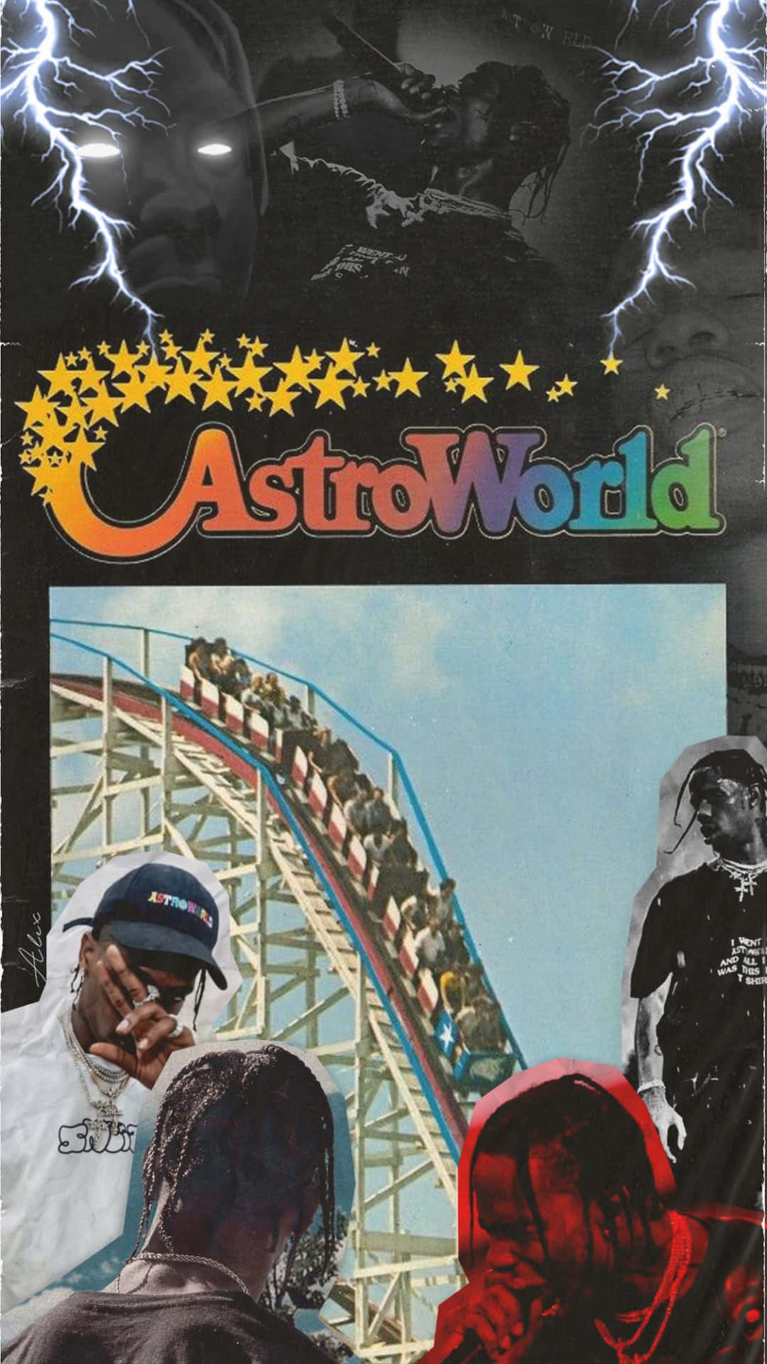 AstroWorld音樂會海報，帶有過山車和閃電效果。