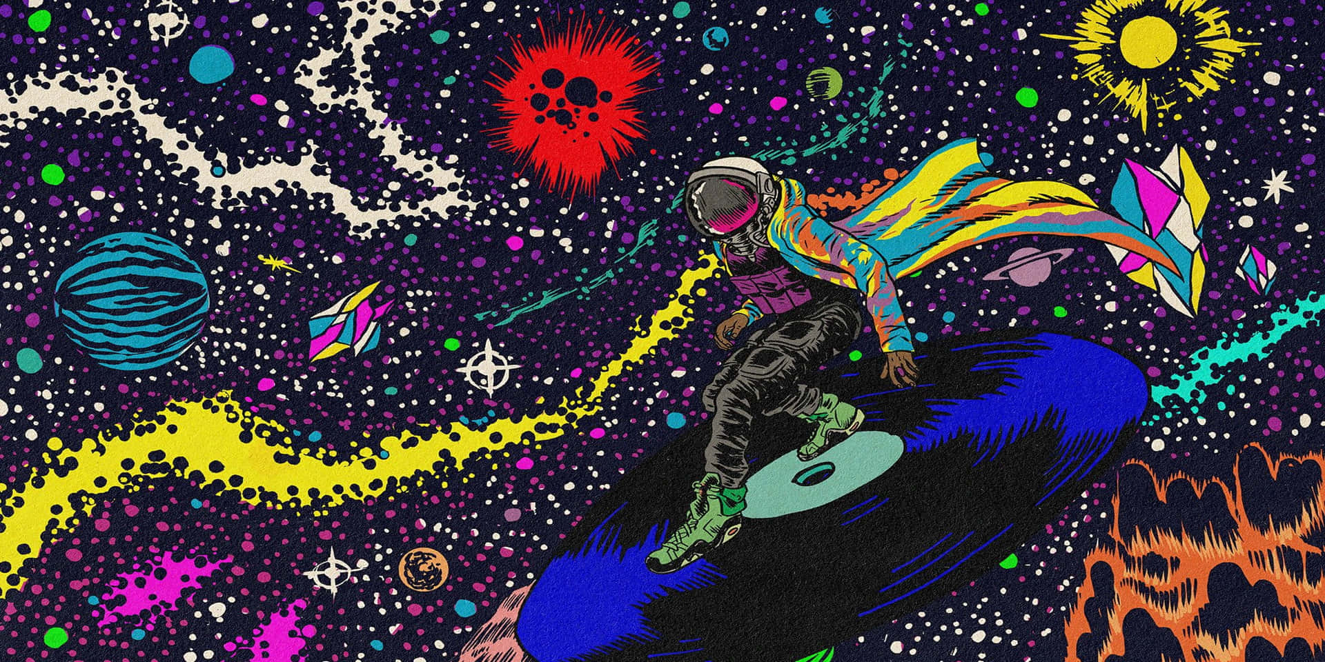 太空人在宇宙波浪上衝浪，在一個充滿色彩繽紛行星和恆星的活力星系中。