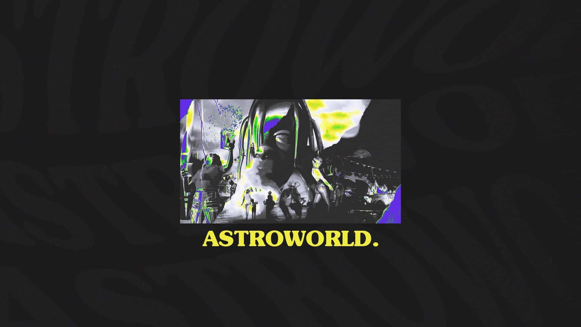 霓虹燈照亮的演唱會海報，在 'ASTROWORLD' 下方有巨大臉孔和剪影人物。