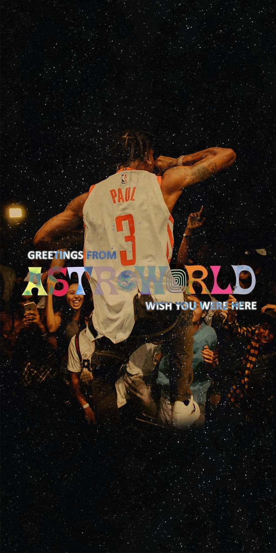 籃球運動員在AstroWorld演唱會夜晚星空下被粉絲舉起。