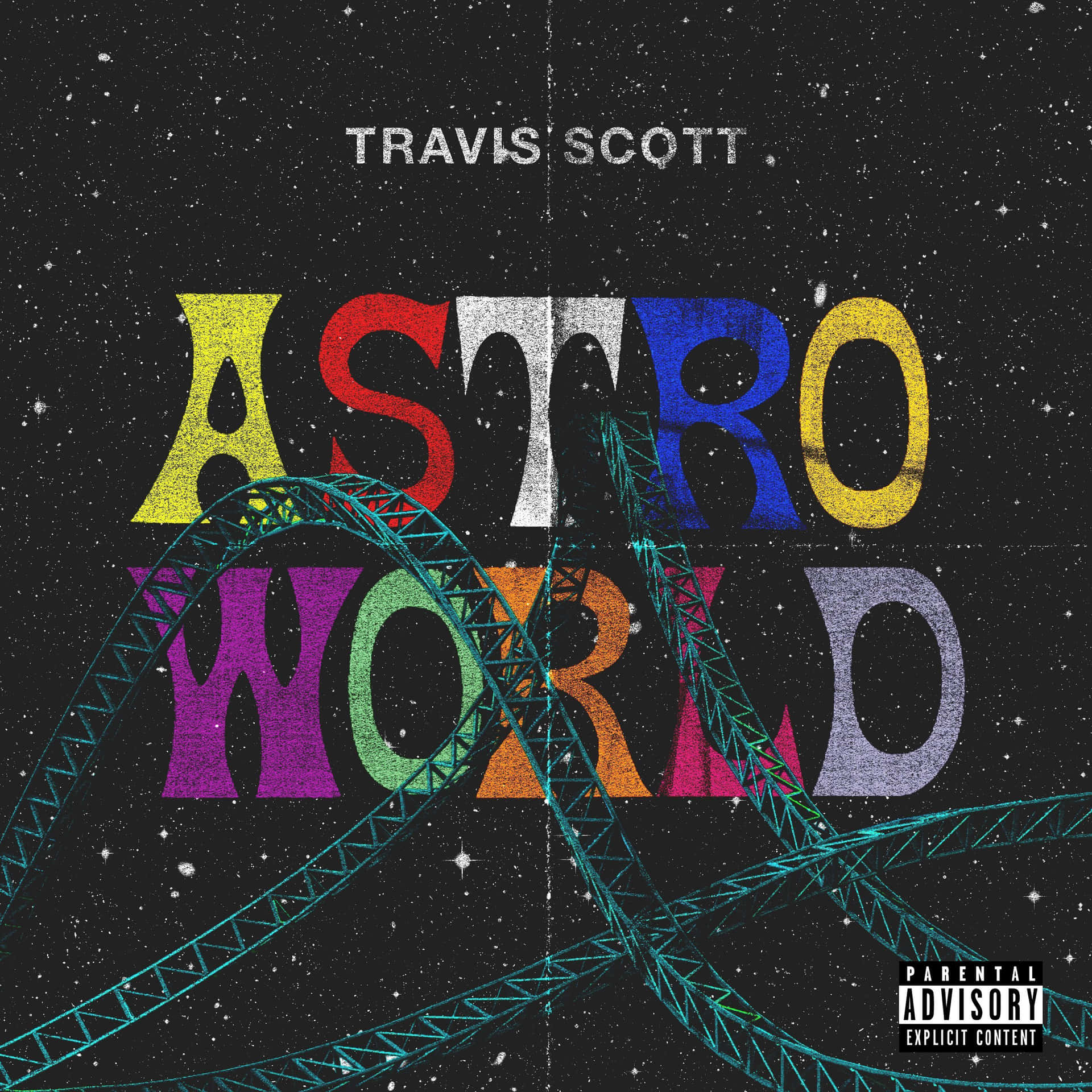 在星空背景下，色彩繽紛的過山車軌道穿過「ASTRO WORLD」文字。