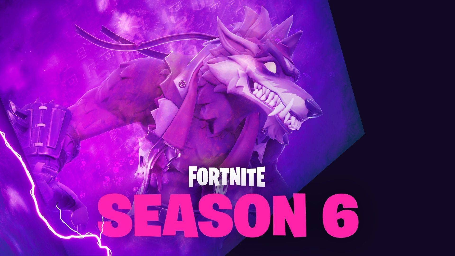 Fortnite Season 6 宣傳藝術中帶有閃電的兇猛紫色狼狀生物。