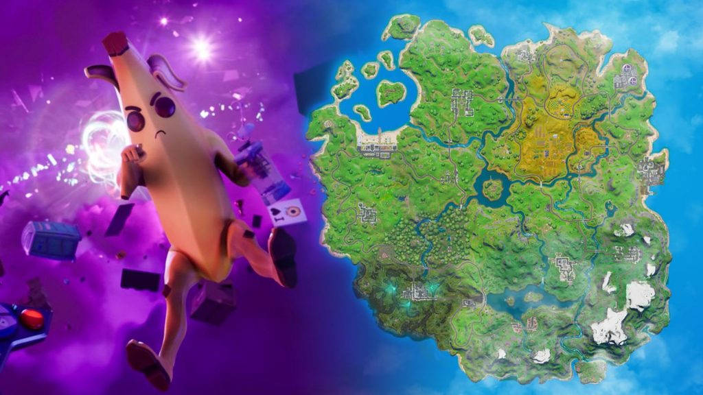 香蕉角色在宇宙場景中漂浮在Fortnite地圖附近