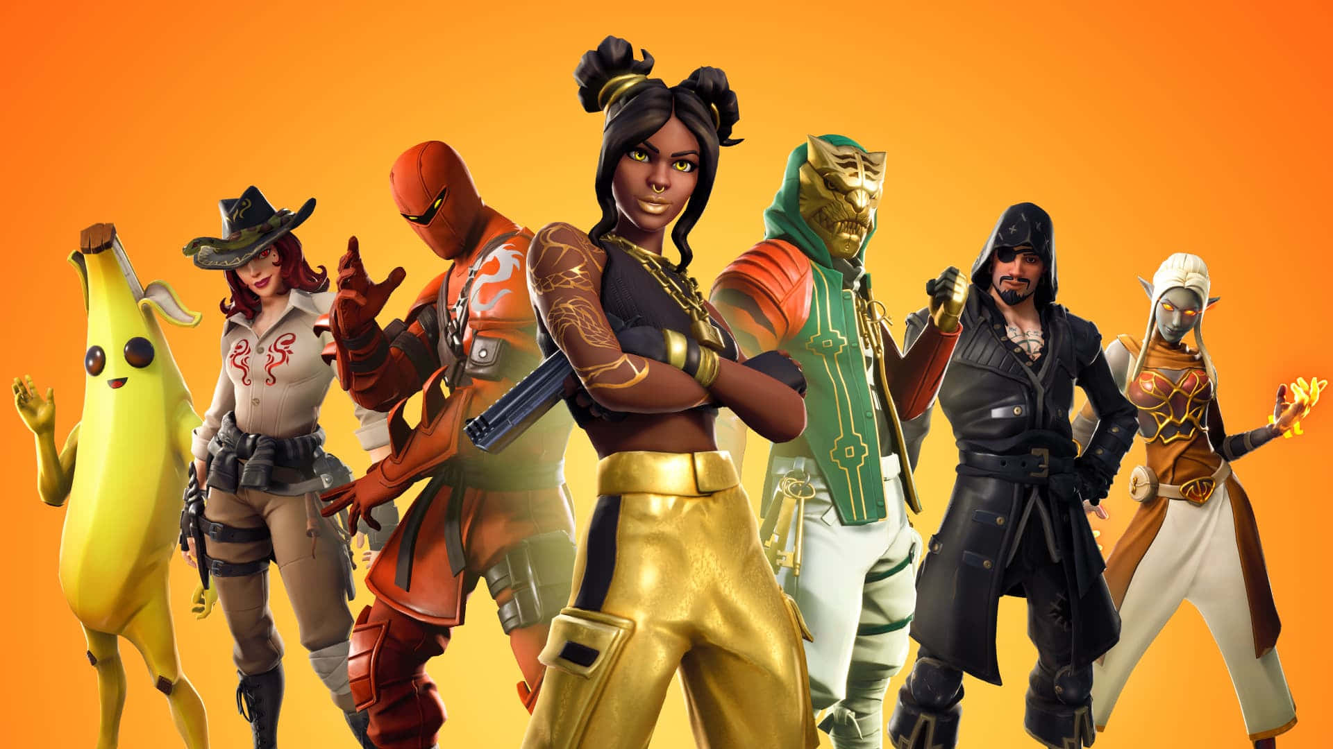 七個Fortnite遊戲角色穿著色彩繽紛的服裝一起擺姿勢。