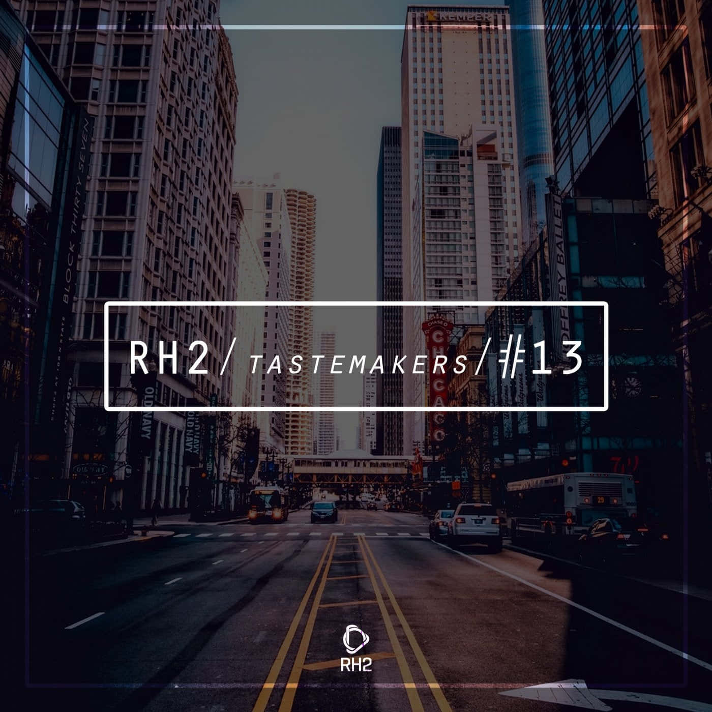 由高樓構成的城市街景，帶有文字疊加層 RH2 TASTEMAKERS #13。