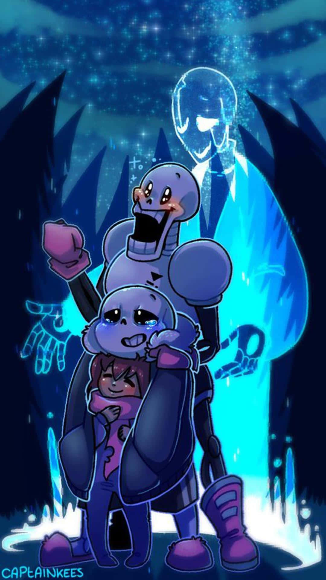 歡迎來到《Undertale》的世界！ 壁紙 — 一個發光的藍色動畫角色，骷髏臉和紫色靴子，保護性地站在一個較小的哭泣角色上方，背景是星空夜空。