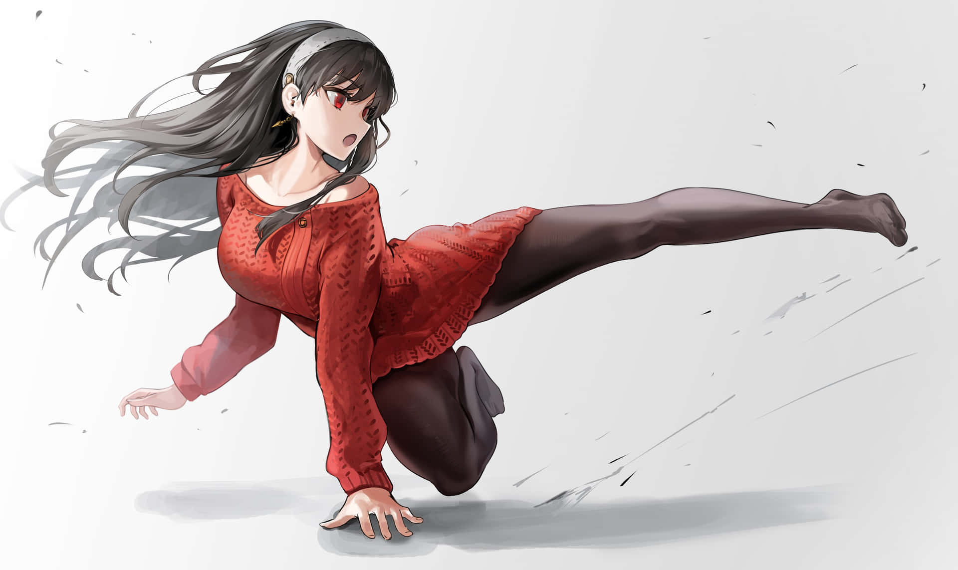 身穿紅色連衣裙的動漫女孩，頭髮飄逸，做出強力踢腿動作。