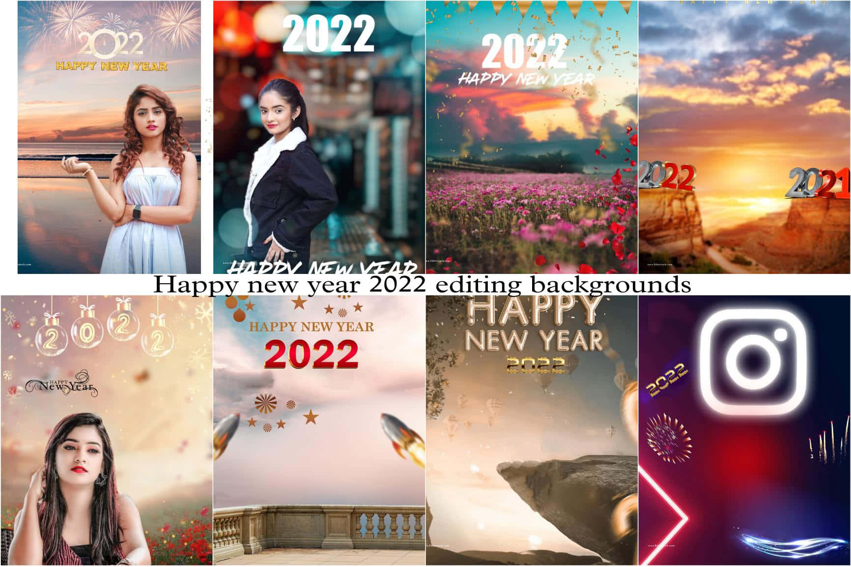 八個節日氣氛的2022年新年數位背景， featuring 女性、煙花和風景。