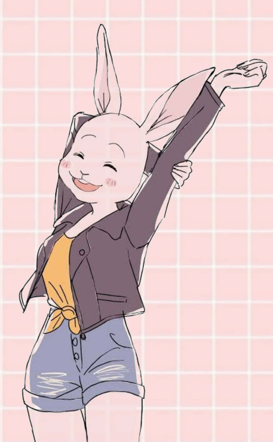 「歡迎來到Beastars！」 壁紙 — 一個穿著外套和短褲的開朗動漫兔女郎，在粉紅色網格背景上快樂地伸展。